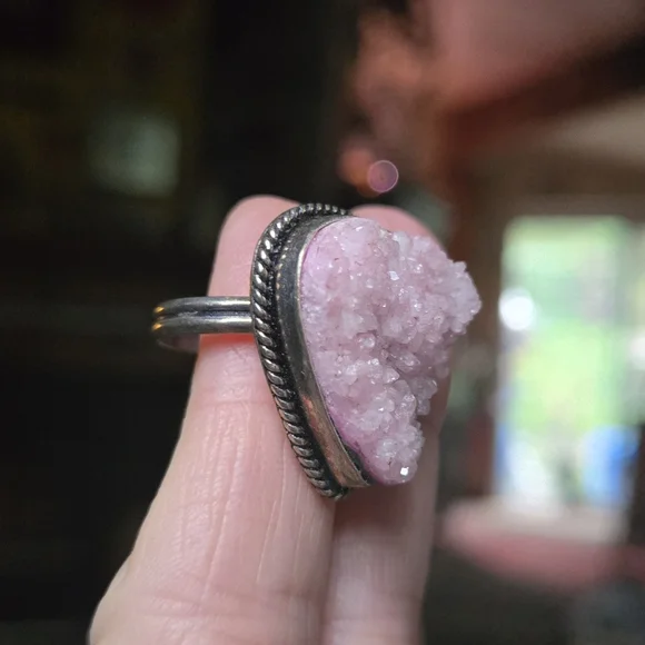 Vintage Style rose quartz Druzy sterling Ring sz8 - Picture 4 of 10